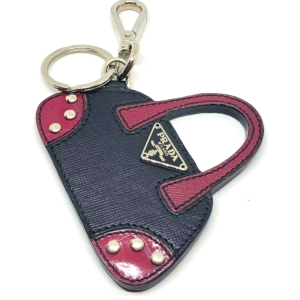PRADA Key Ring Bag Motif Bag Charm Key Chain Black Wine red leather holder purse